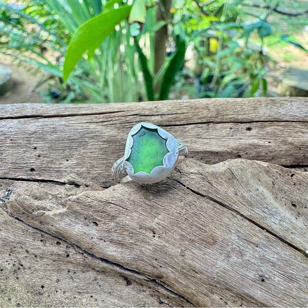 green sea glass natural tumbled floral sterling & fine silver